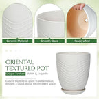 9.5 Inch Flower Pots for Indoor Plants,Ceramic Planter with Saucer Drainage Leak-Proof Mesh Gardening Gloves (Water-Ripple White) - Image 3