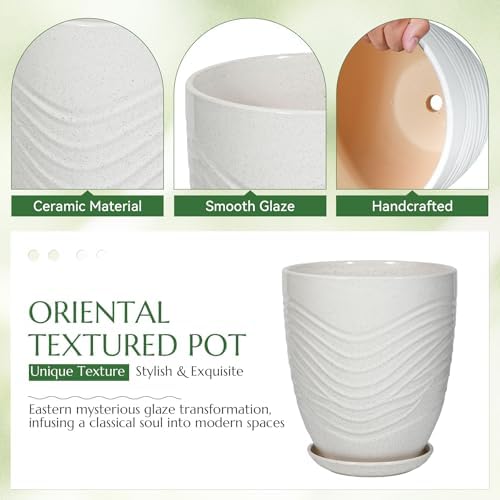 9.5 Inch Flower Pots for Indoor Plants,Ceramic Planter with Saucer Drainage Leak-Proof Mesh Gardening Gloves (Water-Ripple White) - Image 3