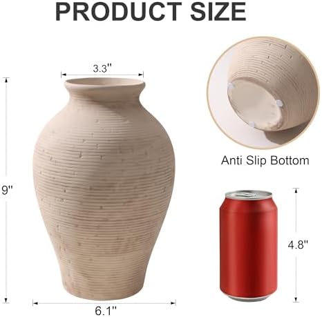 Ceramic Flower Vase Home Decor, 9 in Farmhouse Table Vase Retro Vintage Living Room Kitchen Bedroom Decoration Pottery Decorative Vases for Flowers Shelf Office Coffee Desk Dining Entryway, Rustic - Image 5