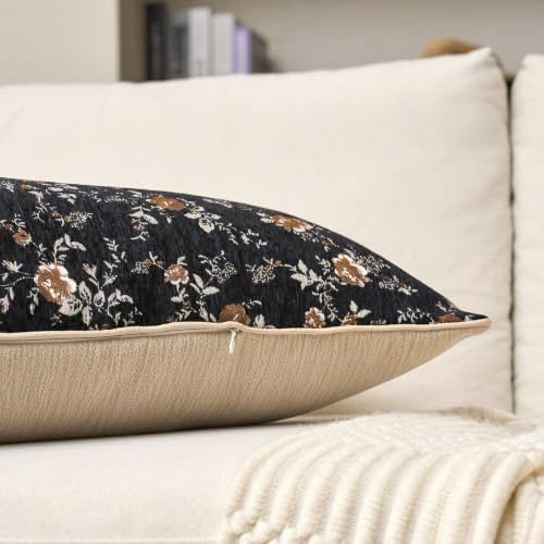 Spring Flower Lumbar Throw Pillow Cover 14x36 Inches Black Vintage Floral Pillow Cover Farmhouse Summer Cushion Cover Leaf Retro Pillowcase Home Decor for Sofa Living Room Couch - Image 3