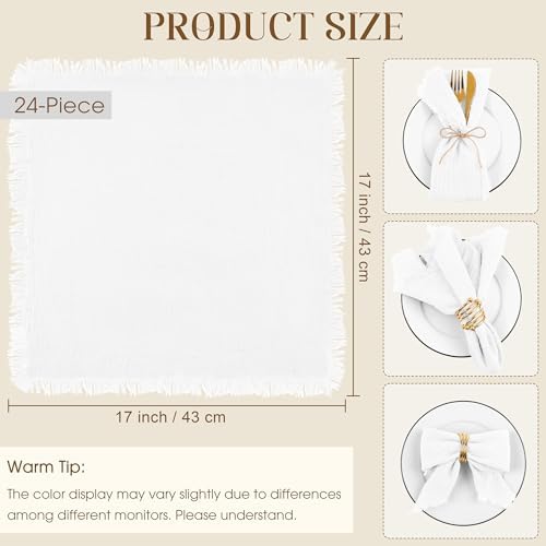 TURSTIN 24 Pieces Cotton Linen Cloth Napkin Handmade Cloth Napkin with Fringe 17 x 17 Inch Soft Cloth Dinner Wedding Napkin Square Rustic Fringe Table Napkin for Parties, Weddings, Ivory White - Image 2