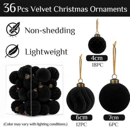 XmasExp 36PCS Velvet Christmas Ornaments Set Mixed Flocked Balls Ornaments Shatterproof Christmas Tree Decorations for Holiday,Party,Home（Black） - Image 2