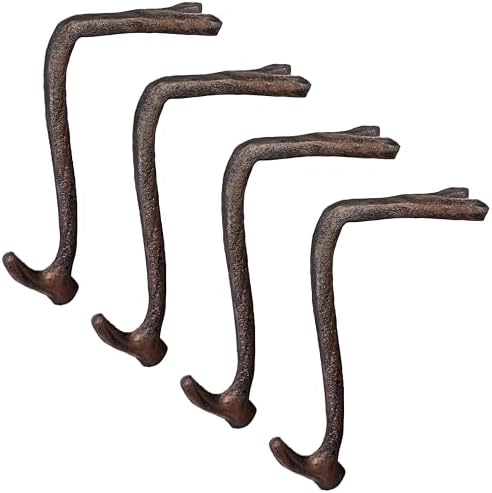 Lulu Decor,100% Cast Iron 8" Brown Straight Branch Stocking Holder for mantle Holds Up to 9 lbs Low Profile Design with Rubber Grip Ideal for Christmas Stockings Garland Holder Antler shape (Set of 4) by LuluDecor