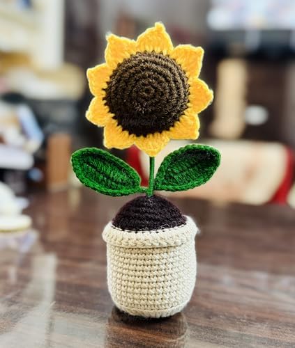 Divyakosh Handmade Crochet Flowers Potted Plant - Set of 1, Hand Woven Sunflowers Daisy Knitted Potted, Flower for Car Dash Decoration, Table Decor, Home Decora by Divyakosh
