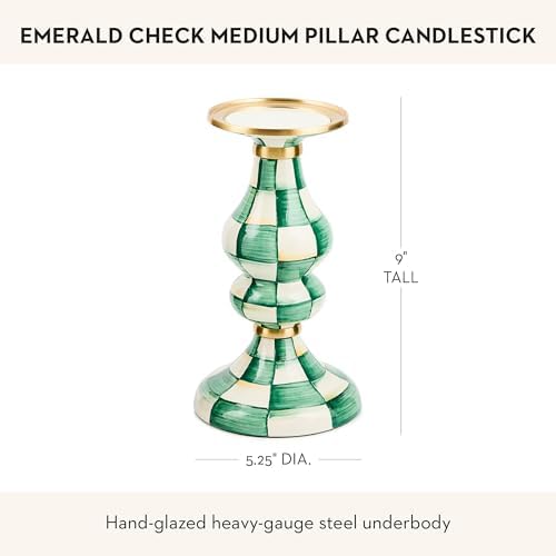 MACKENZIE-CHILDS Enamel Pillar Candlestick, Cute Candle-Holder Decor, Medium, Green-and-White Emerald Check - Image 2