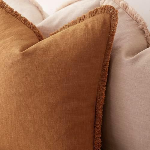 Foindtower Decorative Linen Fringe Throw Pillow Covers 22×22 Inch,Orange - Image 5