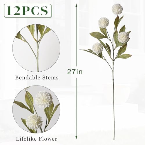 12Pcs 27"Artificial Pompon Mum Stems Silk Flowers for Vase Decor(Cream) - Image 6