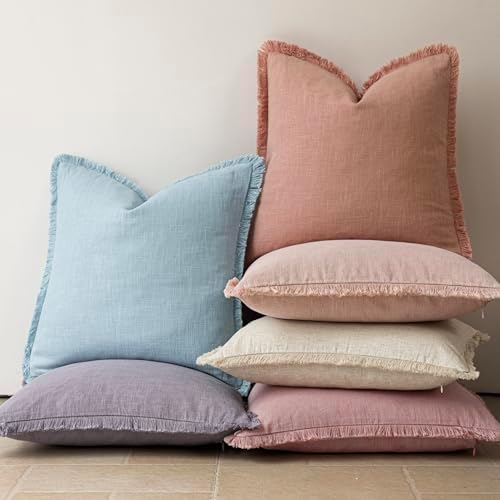 Foindtower Decorative Linen Fringe Throw Pillow Covers 26×26 Coral Pink - Image 6