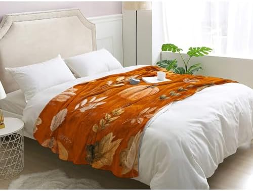 Fall Leaf Blanket, Orange Pumpkin Fleece Throw Blanket Twin Size for Couch Bed Sofa, Autumn Leaves Blankets and Throws, Decor & Gifts, Super Soft Plush Flannel Blanket, 60x80 - Image 3