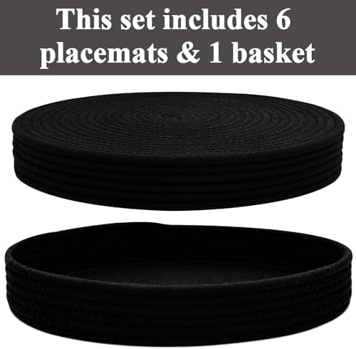 Round Placemats Set of 6 with Holder, Cotton Rope Woven Place Mats, Hot Pads for Kitchen, Heat Resistant Table Mats, 13 Inch Farmhouse Washable Braided Placemat for Kitchen Decor (Black) - Image 2
