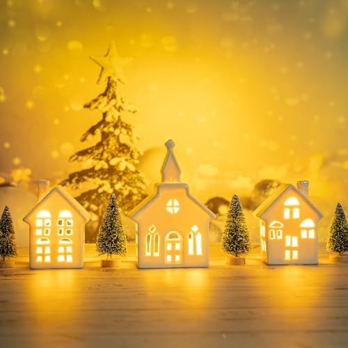 Mwfus 7 Pcs Christmas Miniature Porcelain Village Sets with LED Lights - Image 6