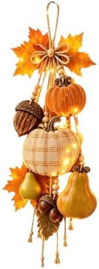 Rustic Harvest Wooden Door Hanger, Pumpkin Maple Fall Bowknot Wall Hanging Sign with Light Autumn Wreath Decorations, Wreath Farmhouse Porch Front Door Home Gift (Orange#3) - Image 6