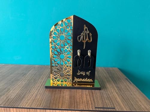 2 Pieces Wood Ramadan Decorations Islamic Eid Mubarak Kareem Table Sign Moon Hollow Star Ornament for Muslim Party Tabletop Decor Home Art Craft Decoration Golden Moon (Black, Medium - 8"W x 12"H) - Image 3