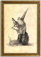Gold Framed Frog Snail Musician Wall Art, Line Art Canvas Print, 24x16 by Qzzrin
