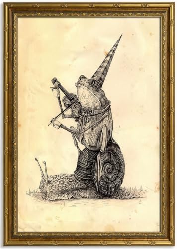 Gold Framed Frog Snail Musician Wall Art, Line Art Canvas Print, 24x16 by Qzzrin