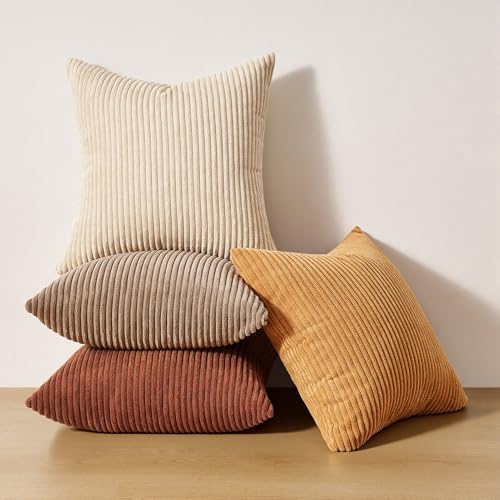 Topfinel Yellow Brown Gradient Rustic Pillow Case Boho Throw Pillow Covers 22x22 Inch Set of 4 Soft Farmhouse Corduroy Striped Decorative Cushion Cover for Sofa Couch Living Room Bedroom - Image 7
