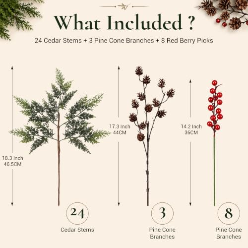 24 Artificial Cedar Stems, 17.5", with 3 Pine Cone Sprays and 8 Berry Picks - Image 2