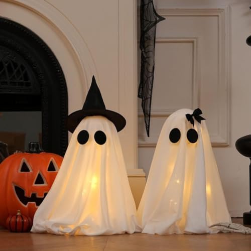 Halloween Lighted Ghost Decorations Set of 2 – Spooky Cute Fabric Ghosts with LED Lamp for Indoor Tabletop, Mantel, Shelf, or DIY Creepy Holiday Displays - Image 4