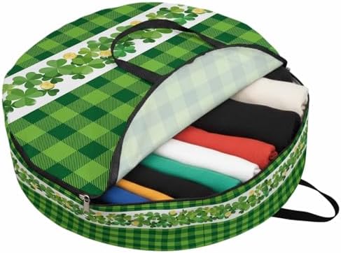 30 Inch Round Storage Bag 1 Pack,Irish Lucky Shamrock Threeleaf Grass Waterproof Wreath Storage Container with Handles&Zipper Green Buffalo Plaid Closet Organizer Bags Garland Box - Image 2