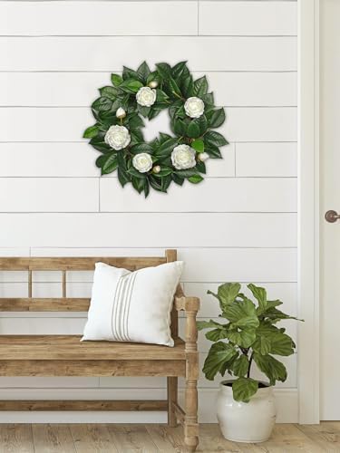 20" Artificial Wreath for Front Door White Camellia Wreath Greenery for Easter Spring Housewarming Wedding Farmhouse Mantel Door Decoration - Image 6