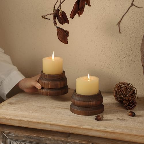 NIKKY HOME Farmhouse Wooden Pillar Candle Holders Set of 2, Mantel Decor - Image 2