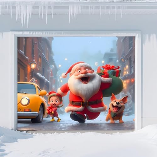 Christmas Garage Door Banner – Santa Claus, Little Girl & Cute Dog Carrying, Large Outdoor Holiday Mural for Garage, Yard & Porch Decor,8 x 7ft/2.4 x 2.1m by TTCHANG