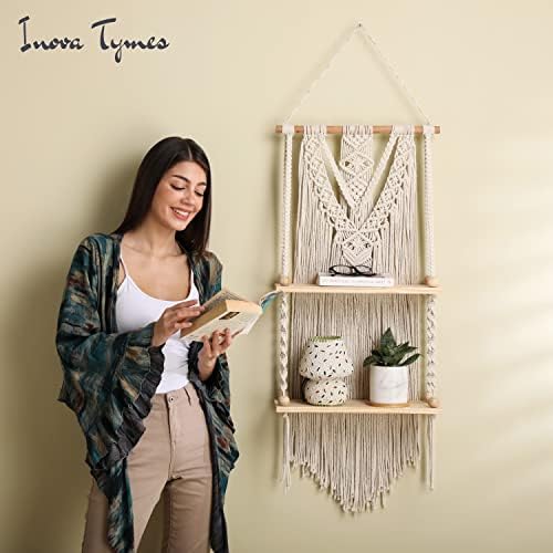 Macrame Wall Hanging Shelf - Boho Shelves Bedroom Decor | Macrame Wall Decor for Kitchen, Plant Hanger Shelves, Woven Rope Floating Shelves & Home Storage Organizer - 2 Tier - Image 5