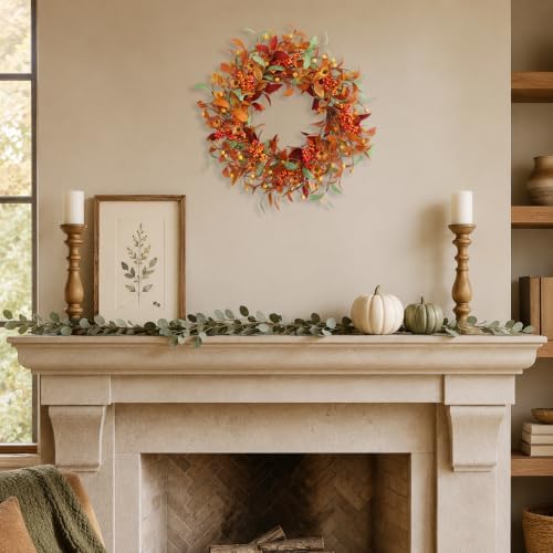 18 Inch Fall Wreath for Front Door, Autumn Floral Wreath with Orange Leaves, Berry Clusters, Flowers and Greenery for Porch Wall Entryway Mantel Thanksgiving Décor - Image 6
