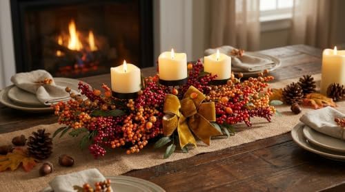 25 Inch Fall Candle Holder Centerpiece with Berry Branches and Bow - Image 6