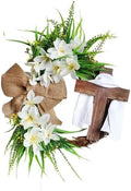 Easter Cross Wreath with Burlap Bow, Easter Door Wreath with Burlap Bow Swag Bowknot Rustic Farmhouse Spring Lily Wreath Easter Decorations for Hanging Door Decor (16IN Num.02) by Unknown