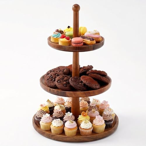 BURMAN Cupcake Stand Dessert Table Display Set – 2 in 1 Adjustable Height Rustic Natural Acacia Cupcake Holder Round Wood Tray – Three Tiered Serving Stand with Rotating Wheels, Anti Slip Stickers by Unknown