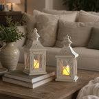 TRIROCKS Set of 2 Decorative Candle Lantern 11'' High Metal Candle Holder Hanging Lantern Perfect for Home Decor Halloween Living Room Parties Events Tabletop Indoors Outdoors (White with Gold Brush) - Image 5