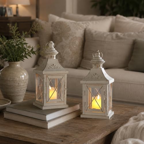 TRIROCKS Set of 2 Decorative Candle Lantern 11'' High Metal Candle Holder Hanging Lantern Perfect for Home Decor Halloween Living Room Parties Events Tabletop Indoors Outdoors (White with Gold Brush) - Image 5