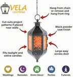 Vela Lanterns Hanging Moroccan Lamp - Exotic Decorative Patio & Porch Decor, Indoor Outdoor Tea Light Candle Lantern Holder with Chain (11" Medium, Amber Glass, 3-Pack) - Image 5
