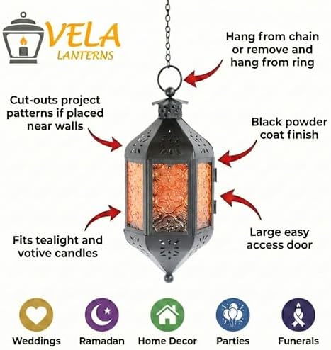 Vela Lanterns Hanging Moroccan Lamp - Exotic Decorative Patio & Porch Decor, Indoor Outdoor Tea Light Candle Lantern Holder with Chain (11" Medium, Amber Glass, 3-Pack) - Image 5