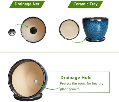 10 Inch Ceramic Planter Pot Round Plant Pot for Indoor Plants Outdoor Large Flower Pot with Drainage Hole and Saucer Blue - Image 6