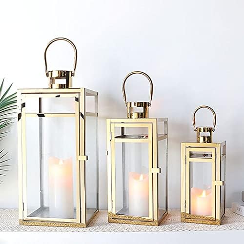 TRIROCKS Elegant Gold Stainless Steel Lantern Set- 3 Sizes (12", 15", 19") - Tempered Glass Panel Metal Lanterns for Versatile Indoor & Outdoor Decorating - Perfect for Celebrations - Image 2