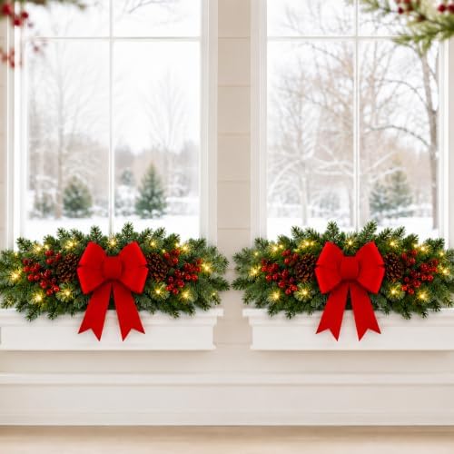 Yalikop 2 Pcs 24.5 Inch Christmas Swags with Light, Red Bow and Berry by Yalikop