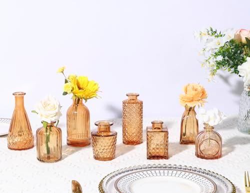CUCUMI 12pcs Bud Vases for Centerpieces, Amber Gold Glass Vase Set - Image 6