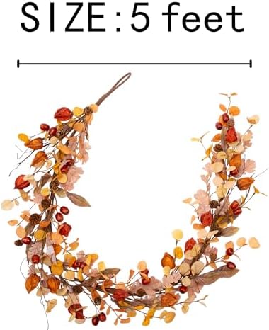 5 Feet Fall Garland Artificial Harvest Garland with Fall Leaves and Cape Gooseberries for Decorations - Image 2