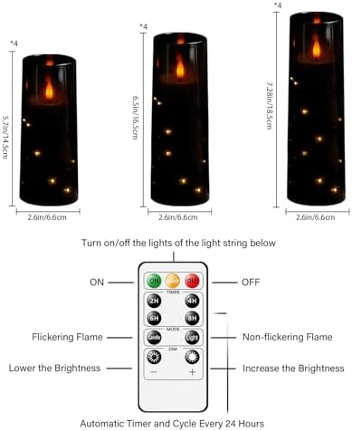 Sasigeiaa Flameless Candles with Embedded Star String - Battery Operated LED Candles, with Remote,12 Black Flickering Candles for Christmas, Weddings, Home Decor & Party,(D 2.3"×H 5" 6" 7") - Image 2