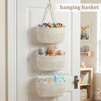 TeoKJ Over the Door Hanging Basket, 3-Tier Woven Cotton Wall-Mounted Storage Organizer Bag Decorative Hanging Nursery Baskets, White & Rainbow Stitching - Image 4