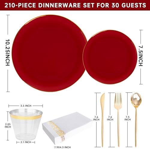 MirthMood 210pcs Red Plastic Plates,Disposable Red Gold Party Plates - Image 2