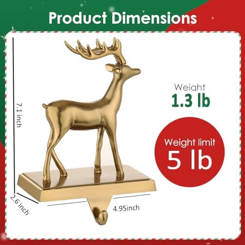 2 Pack 3D Christmas Stocking Holders for Mantle Xmas Reindeer Antique Gold Stocking Holder for Fireplace Xmas Stocking Hooks Weighted Hangers Holiday Christmas Decorations Supplies (Antique Deer) - Image 2