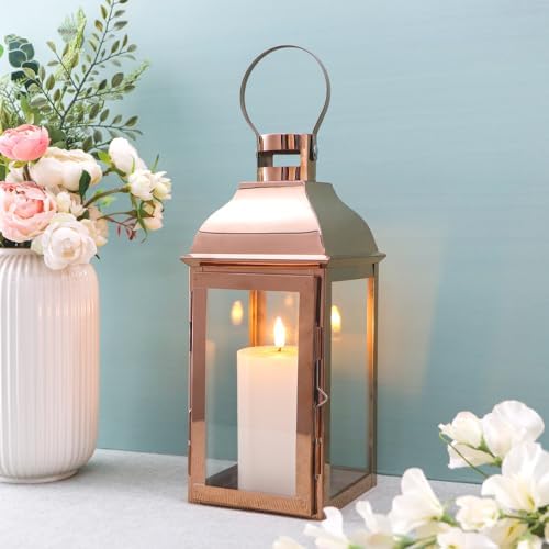 JHY DESIGN Decorative Candle Lanterns 15" High Stainless Steel Candle Lanterns with Tempered Glass for Indoor Outdoor Events Parities and Weddings Vintage Style Hanging Lamps(Rose Gold) - Image 2