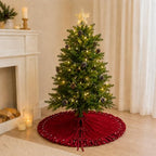 Velvet Christmas Tree Skirt, 60 Inches WineRed Ruffled Velvet Christmas Tree Skirt with Pearls,Rustic Vintage Xmas Tree Skirt for Party Decorations - Image 6