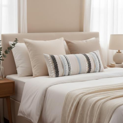 Boho Lumbar Throw Pillow Cover 14x36 Grey Blue White - Image 5