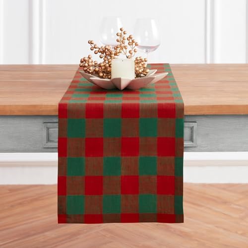 Solino Home 100% Pure Linen Table Runner, 14 x 90 in, Red and Green Check by SolinoHome