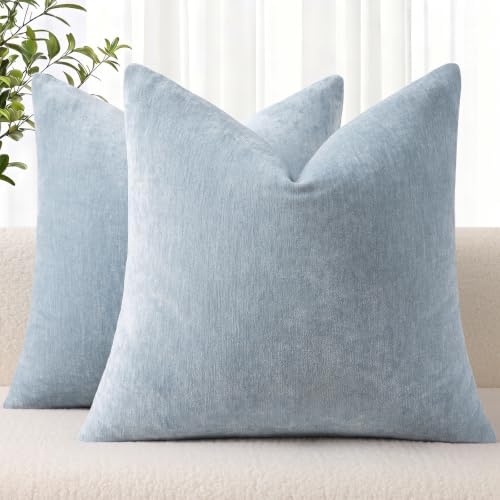 decorUhome Fall Chenille Light Blue Throw Pillow Covers 26x26 Inch Set of 2, Decorative Soft Couch Pillow Covers Solid Dyed Accent Euro Sham Farmhouse Neutral Square Pillow Cases for Sofa by decorUhome