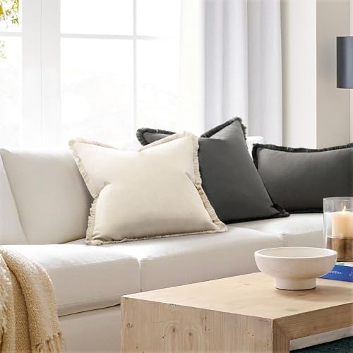 ZWJD Pillow Covers 26x26 Set of 2 Throw Pillow Covers with Fringe Chic Cotton Euro Shams Square Cushion Covers for Couch Sofa Bed Living Room Farmhouse Boho Decor, Beige - Image 3